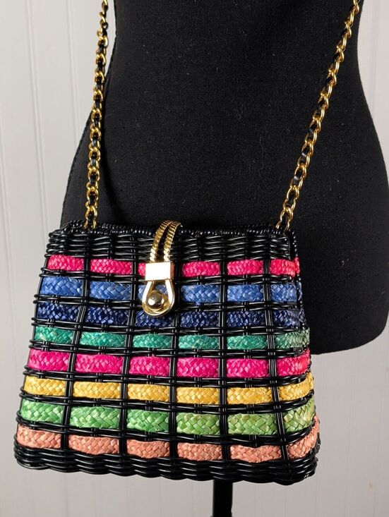 Handbags - Vintage 60/70s Rainbow Wicker Crossbody Bag Gold Chain Strap